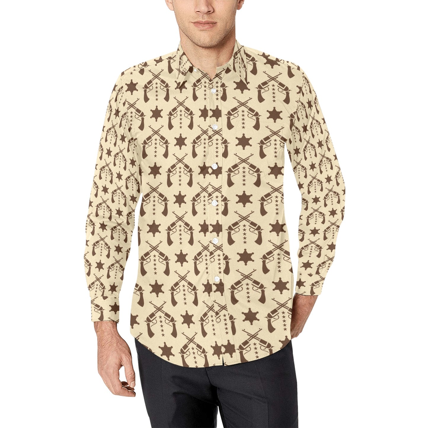 Western Cowboy Print Design LKS302 Men's Long Sleeve Dress Shirt