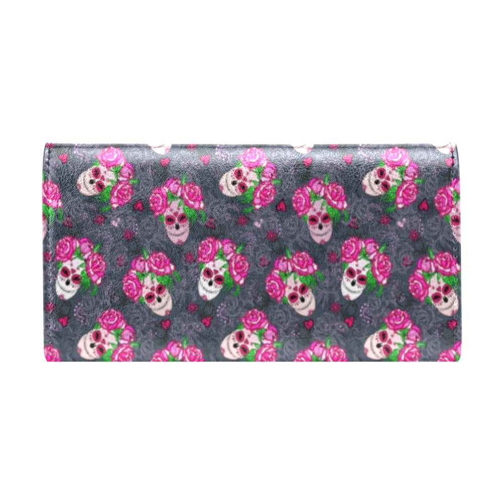Sugar Skull Pink Rose Themed Print Women's Trifold Wallet
