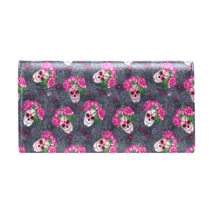Sugar Skull Pink Rose Themed Print Women's Trifold Wallet