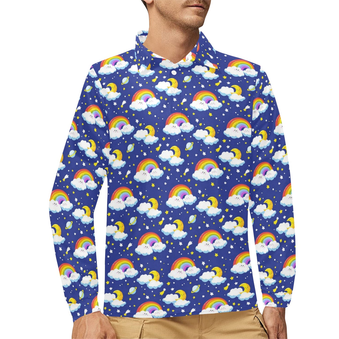 Rainbow Space Design Print Long Sleeve Polo Shirt For Men's