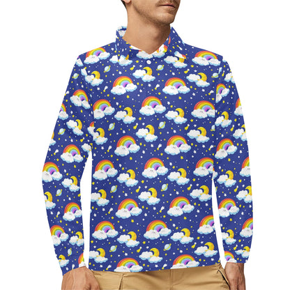 Rainbow Space Design Print Long Sleeve Polo Shirt For Men's
