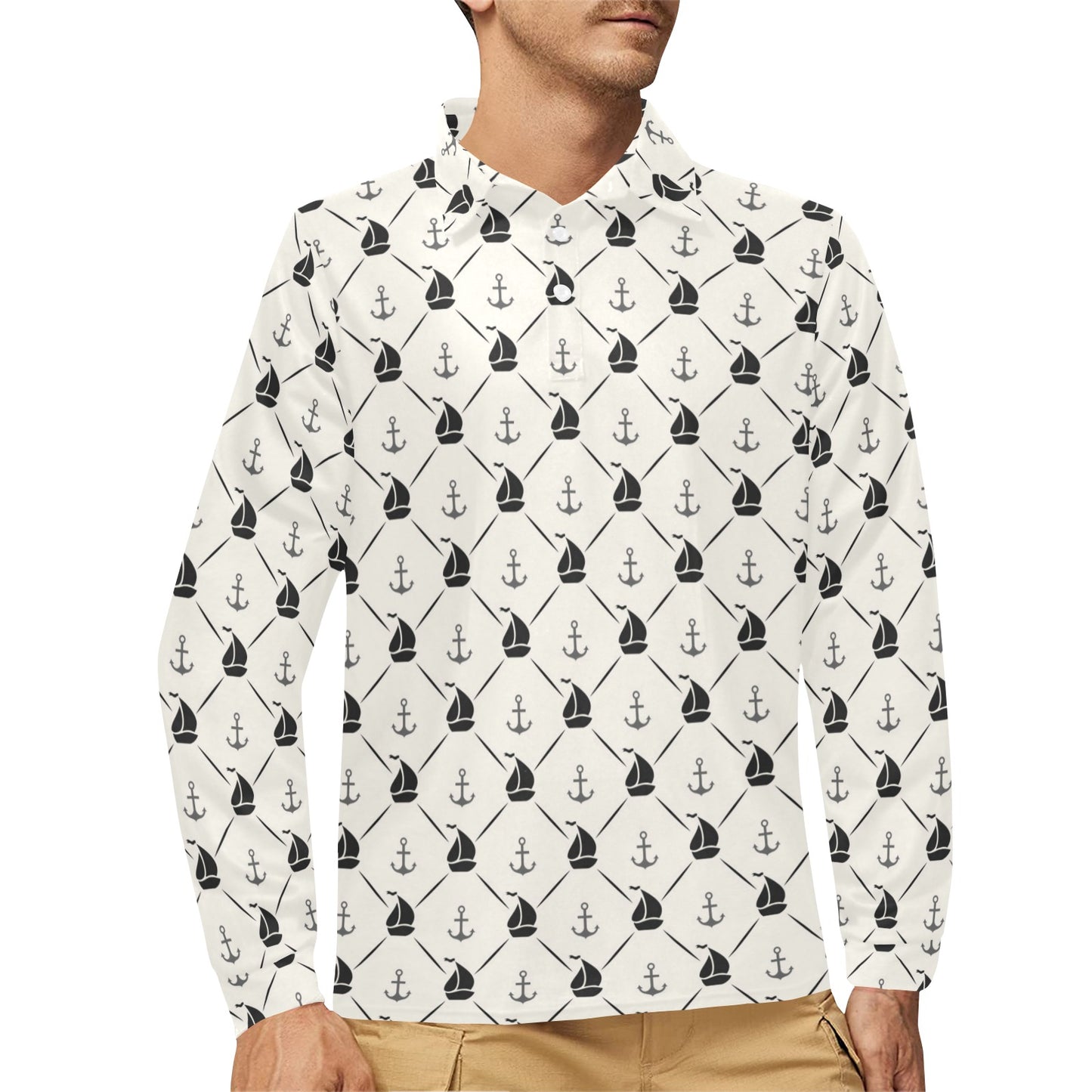 Sailboat Print Design LKS302 Long Sleeve Polo Shirt For Men's