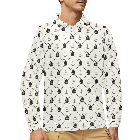 Sailboat Print Design LKS302 Long Sleeve Polo Shirt For Men's