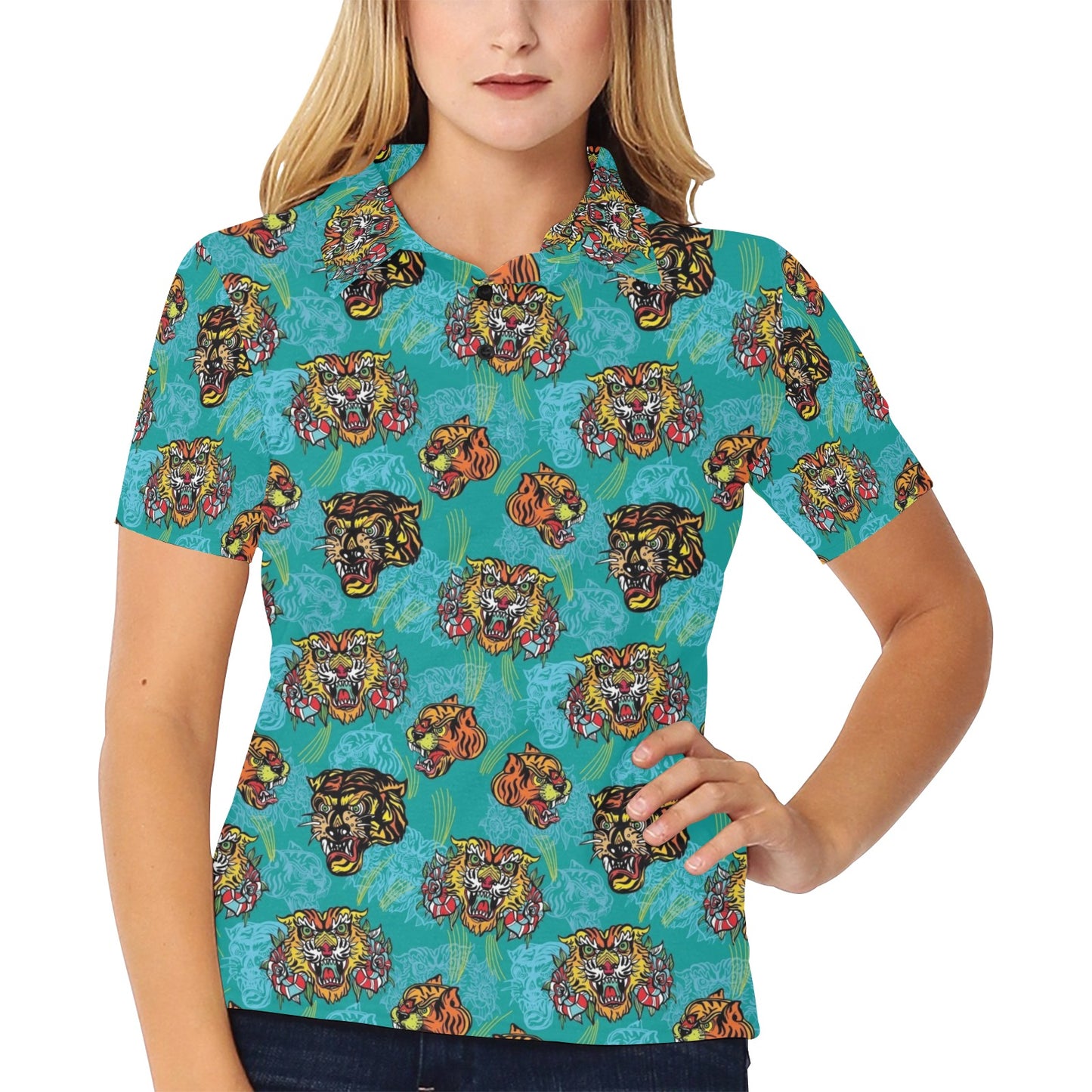 Tattoo Tiger Head Print Design LKS304 Women's Polo Shirt
