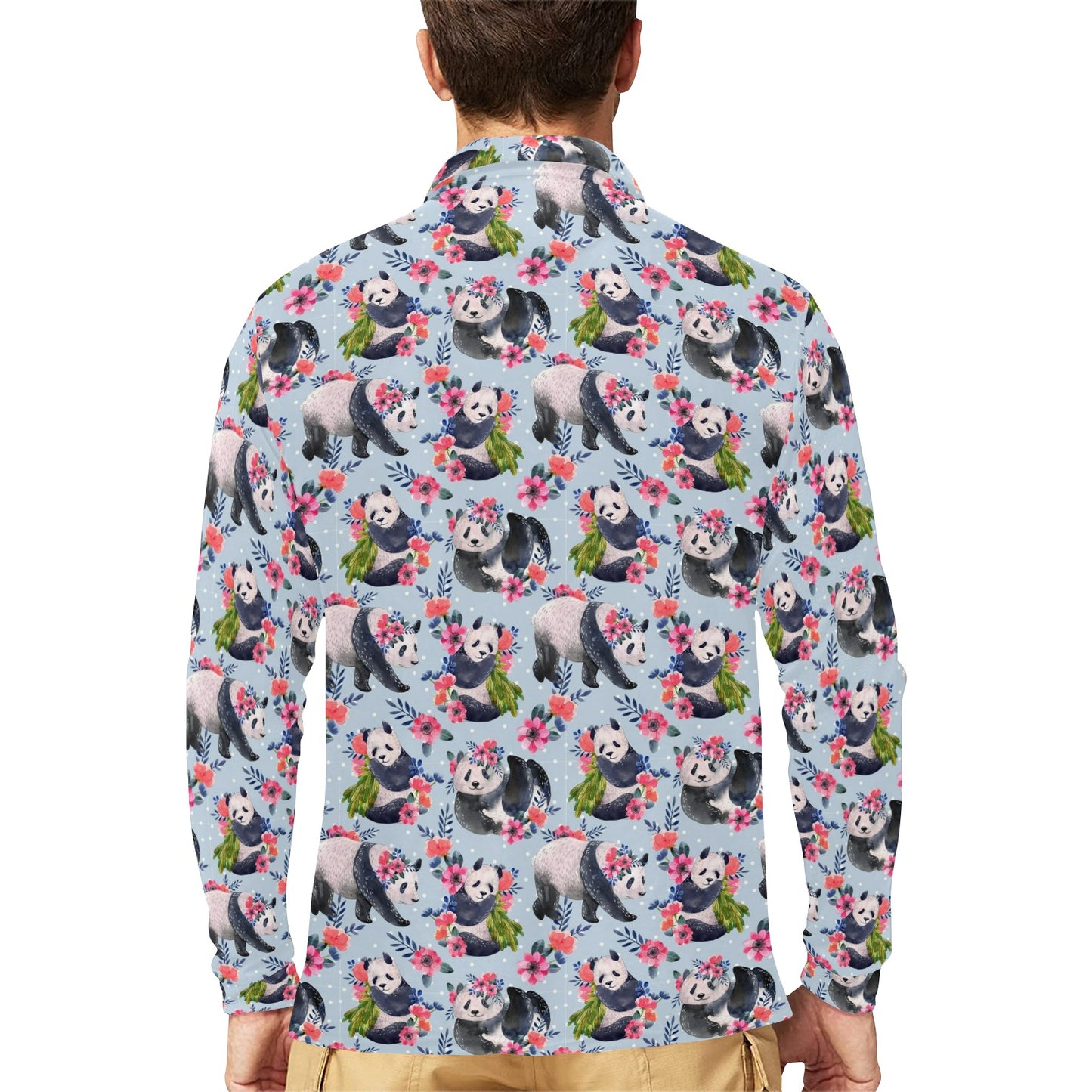 Panda Bear Flower Design Themed Print Long Sleeve Polo Shirt For Men's