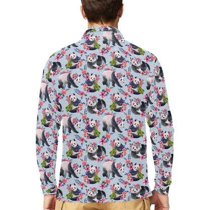 Panda Bear Flower Design Themed Print Long Sleeve Polo Shirt For Men's
