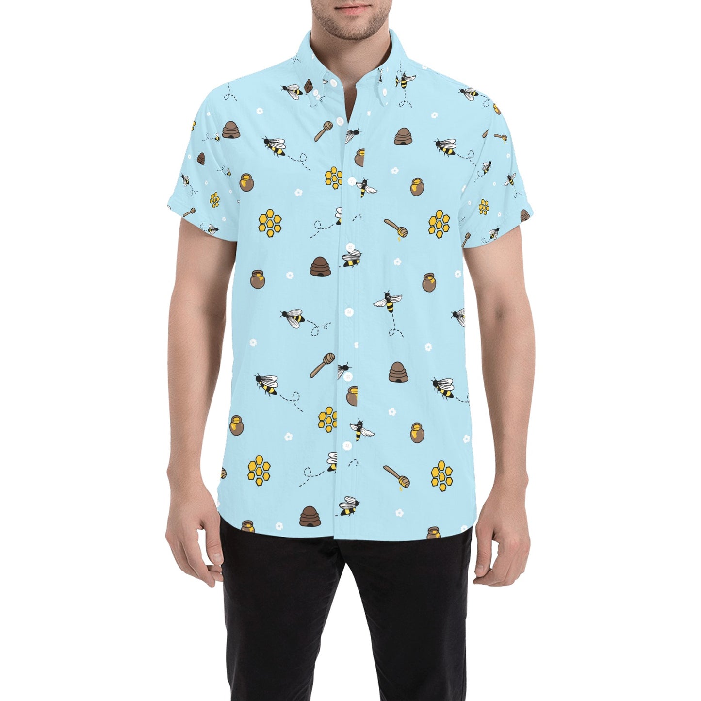 Honey Bee Print Design LKS307 Men Short Sleeve Button Up Shirt