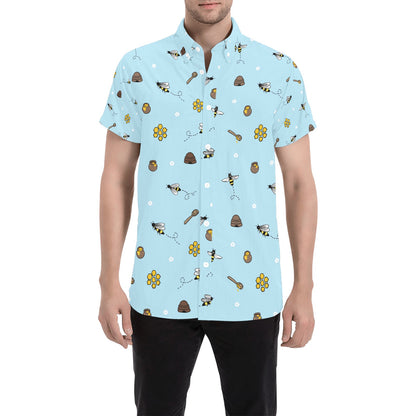 Honey Bee Print Design LKS307 Men Short Sleeve Button Up Shirt