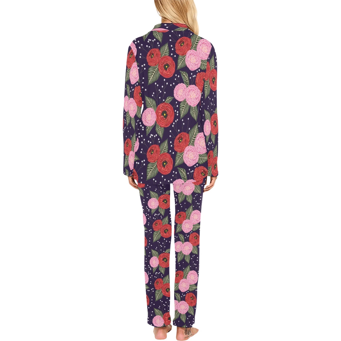 Camellia Pattern Print Design CM02 Women's Long Pajama Set