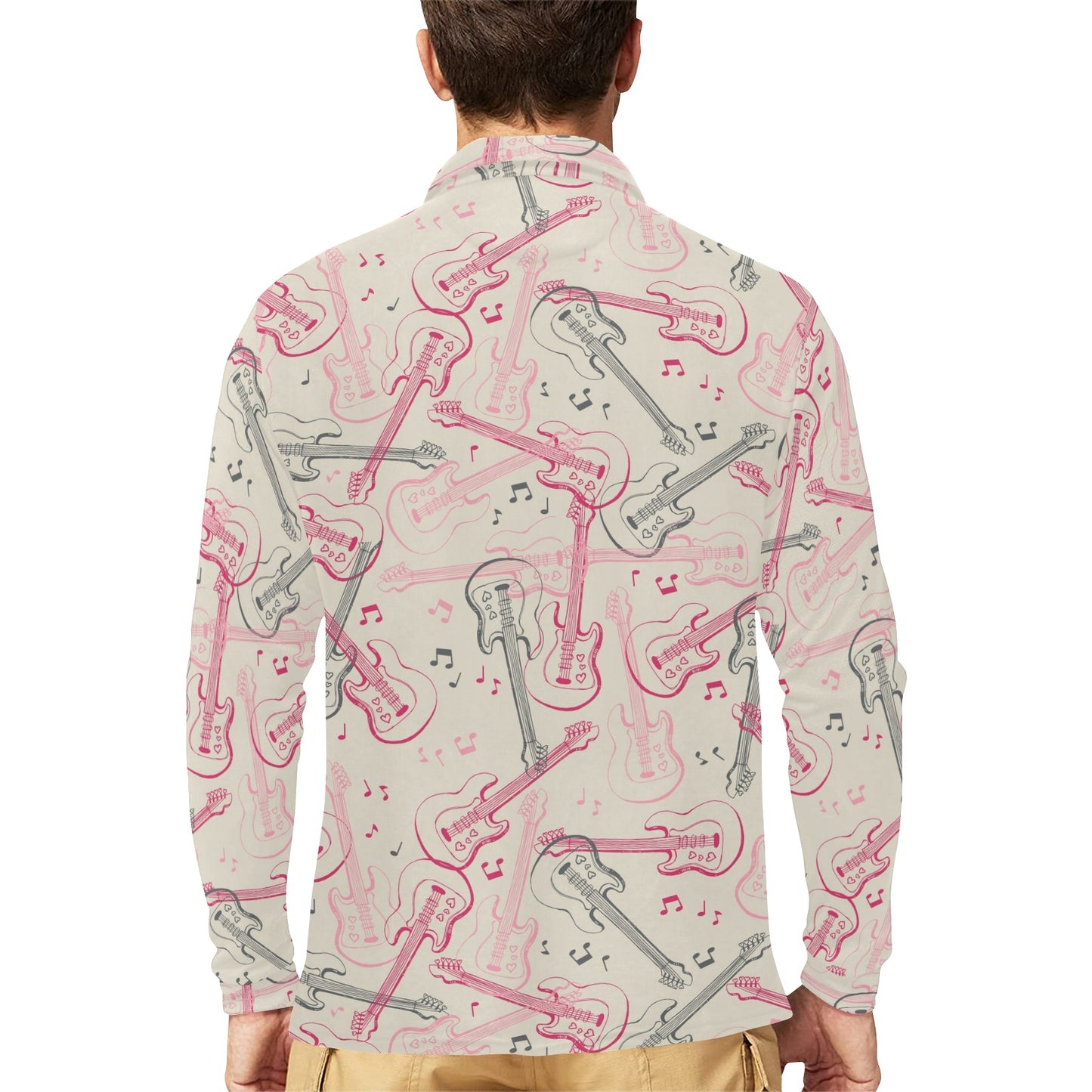 Bass Guitar Pattern Print Design 02 Long Sleeve Polo Shirt For Men's
