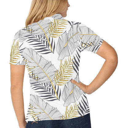 Gold Glitter Tropical Palm Leaves Women's Polo Shirt