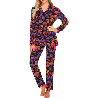 Skull Multicolor Print Design LKS3011 Women's Long Pajama Set