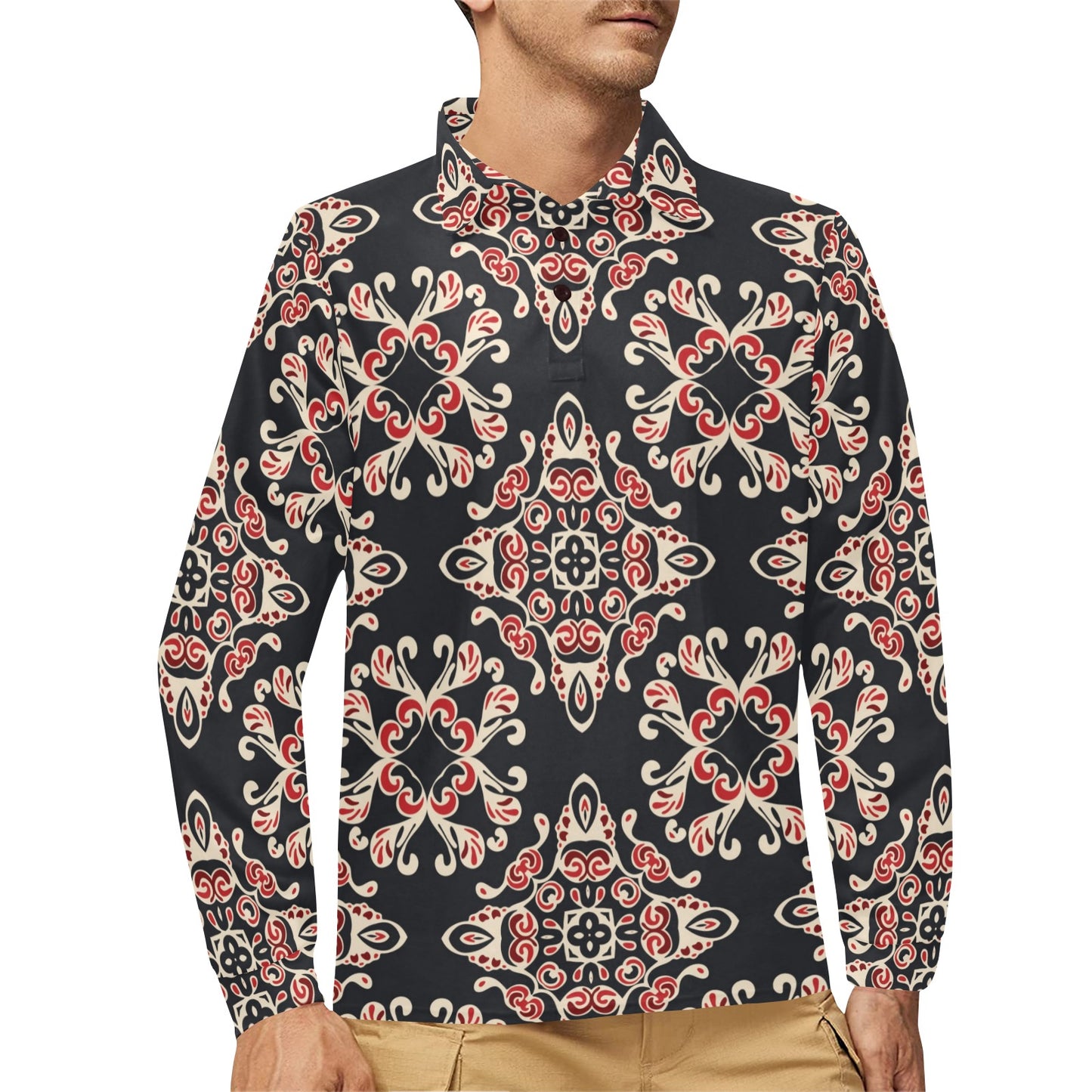Medallion Pattern Print Design 01 Long Sleeve Polo Shirt For Men's