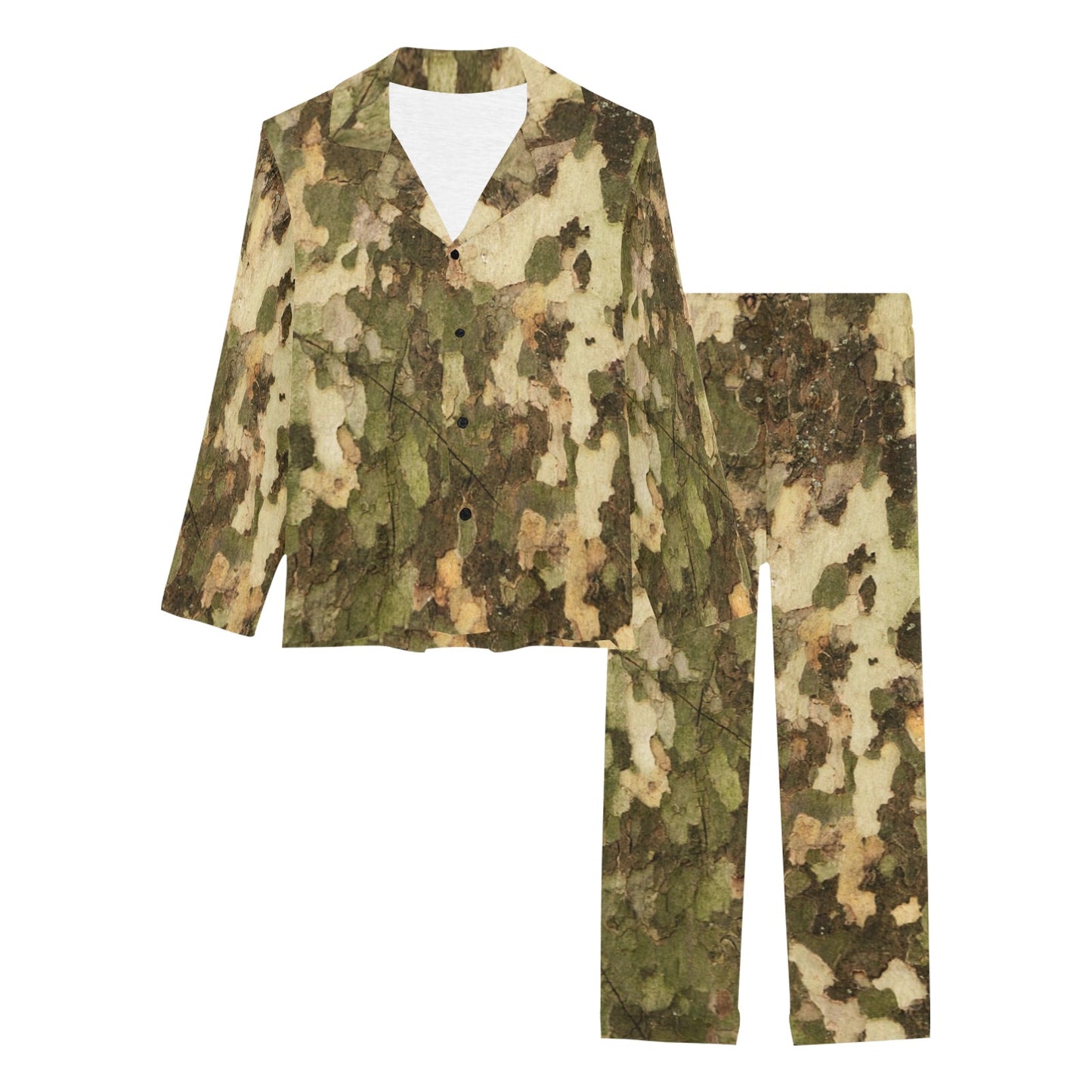 Camo Realistic Tree Texture Print Women's Long Pajama Set