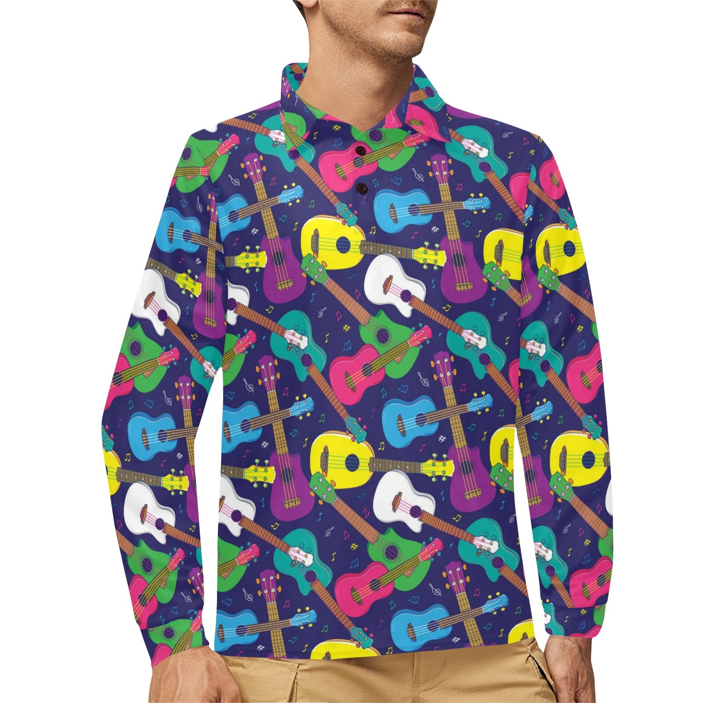 Ukulele Pattern Print Design 02 Long Sleeve Polo Shirt For Men's