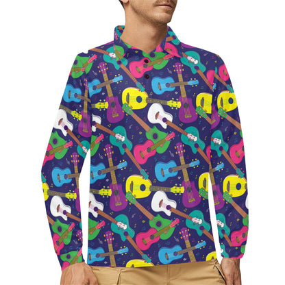 Ukulele Pattern Print Design 02 Long Sleeve Polo Shirt For Men's