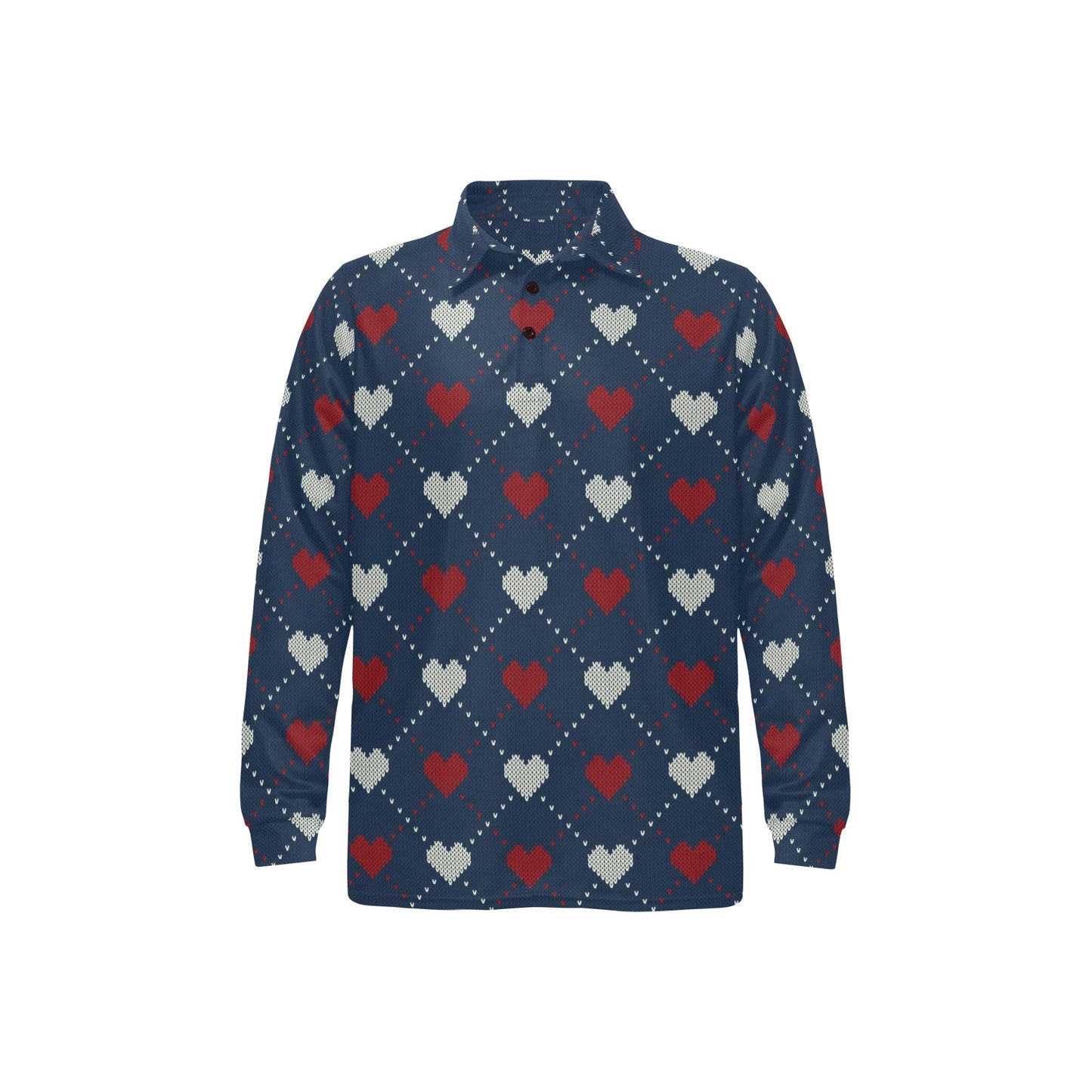 Heart Knit Pattern Print Design HE05 Long Sleeve Polo Shirt For Men's