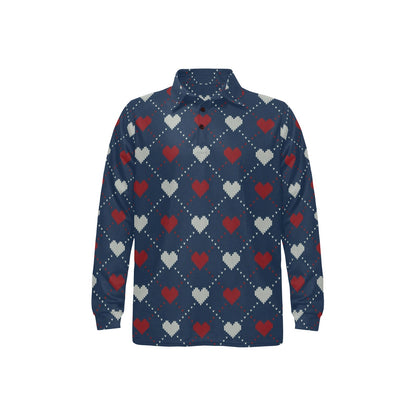 Heart Knit Pattern Print Design HE05 Long Sleeve Polo Shirt For Men's