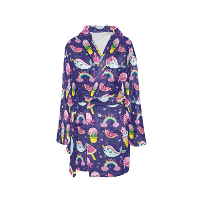 Narwhal Cute Pattern Print Design 02 Women's Fleece Robe