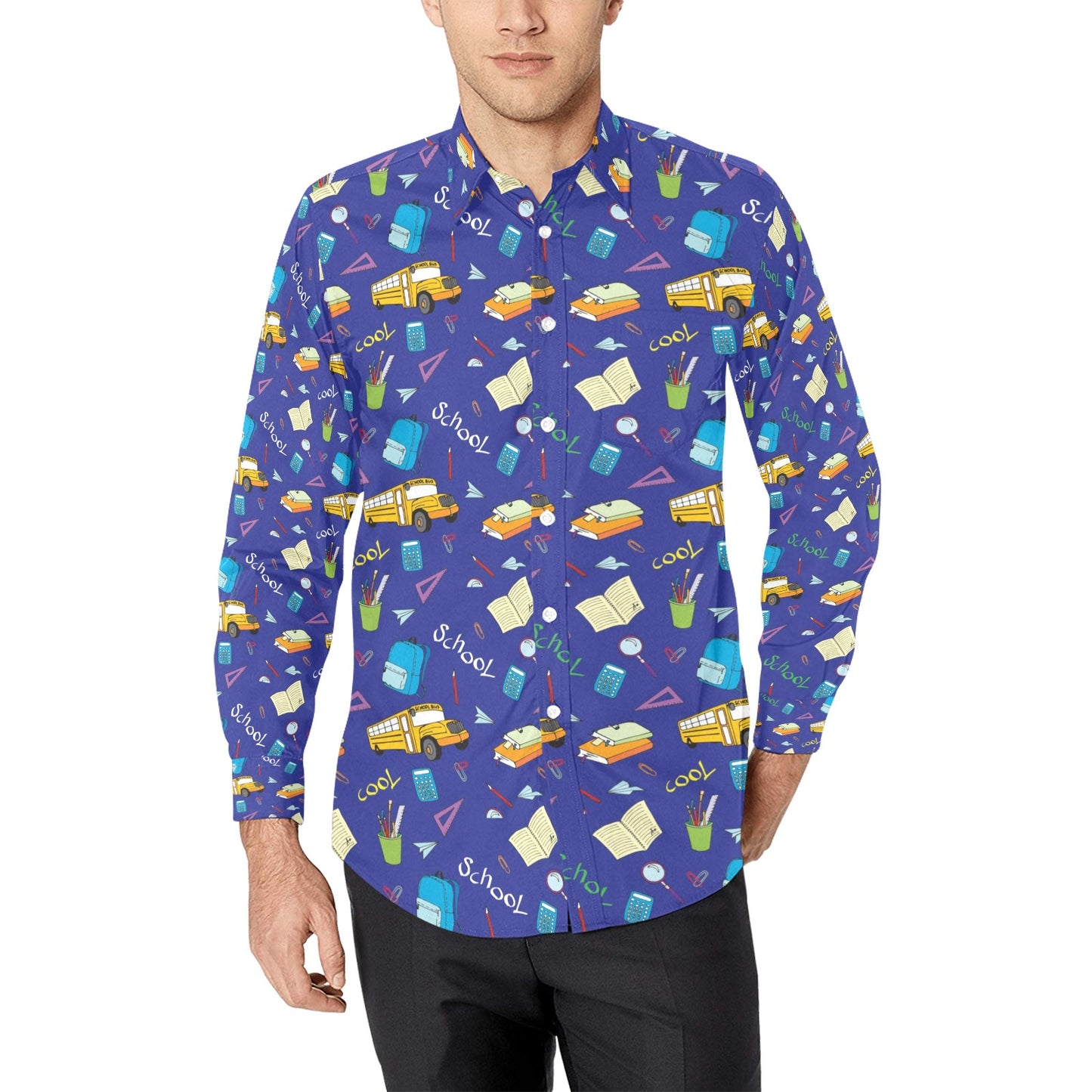 School Bus Print Design LKS307 Men's Long Sleeve Dress Shirt