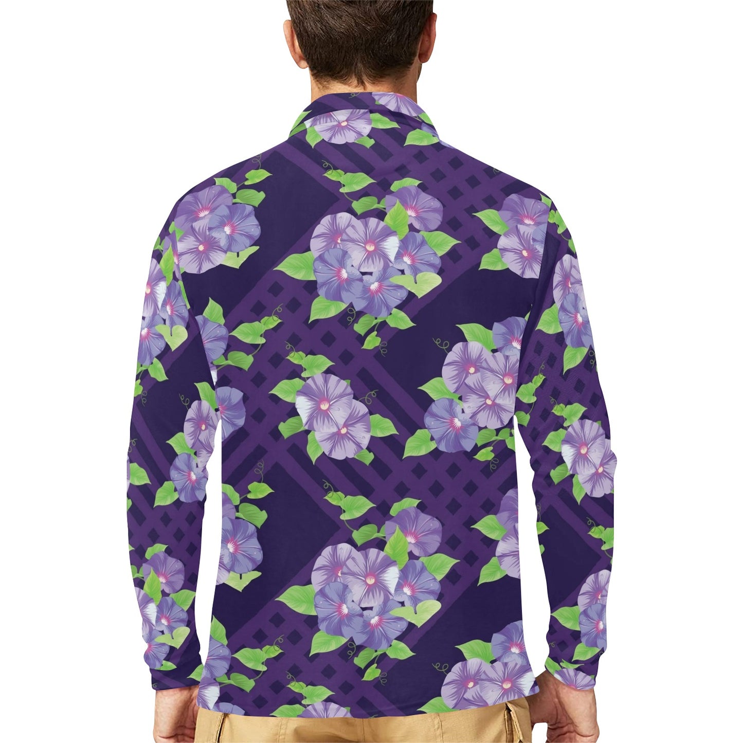 Morning Glory Pattern Print Design MG03 Long Sleeve Polo Shirt For Men's