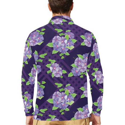 Morning Glory Pattern Print Design MG03 Long Sleeve Polo Shirt For Men's