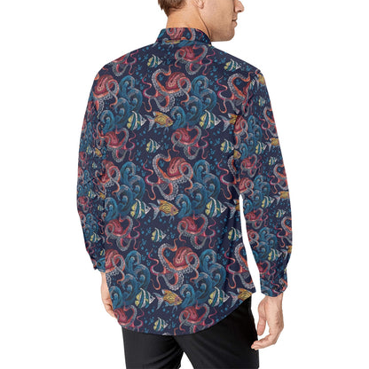 Underwater Giant Squid Print Design LKS302 Men's Long Sleeve Dress Shirt