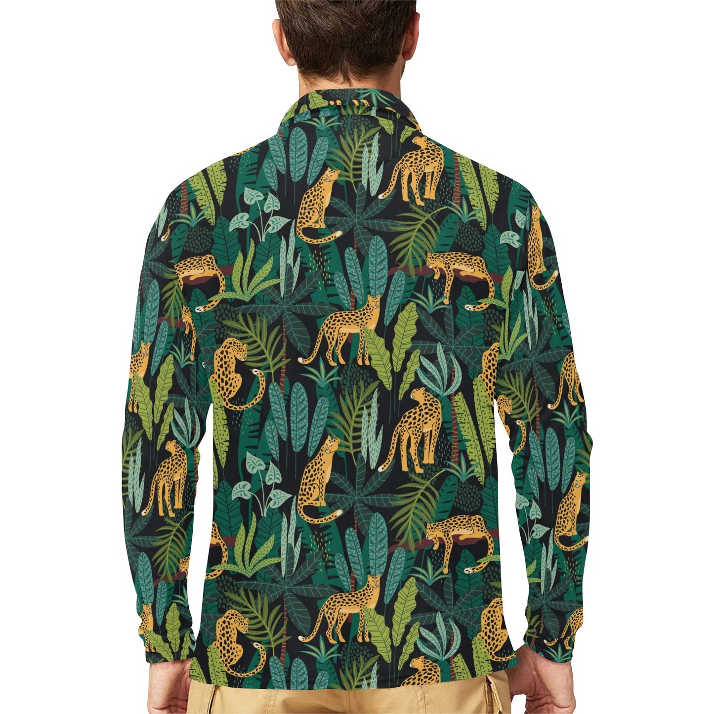 Jaguar Jungle Pattern Print Design 03 Long Sleeve Polo Shirt For Men's