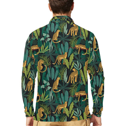 Jaguar Jungle Pattern Print Design 03 Long Sleeve Polo Shirt For Men's