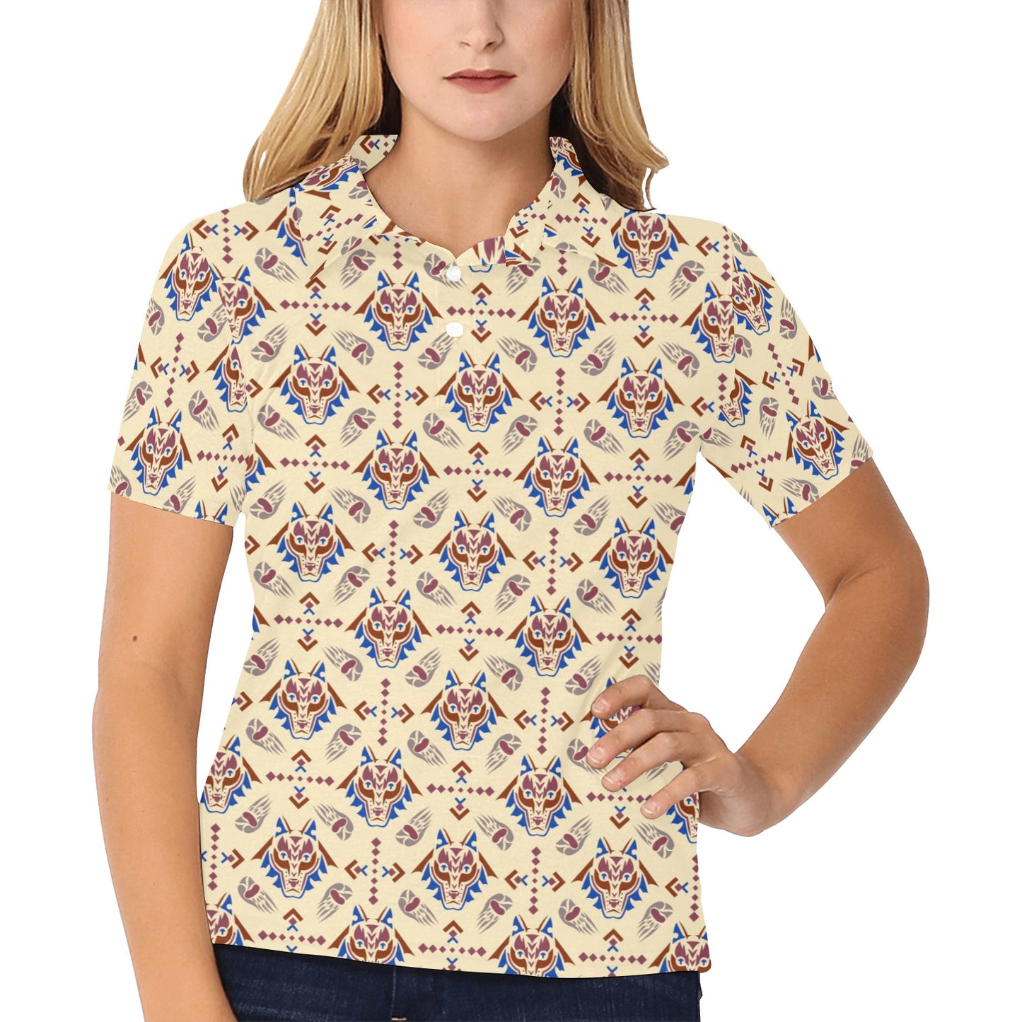 Aztec Wolf Pattern Print Design 03 Women's Polo Shirt