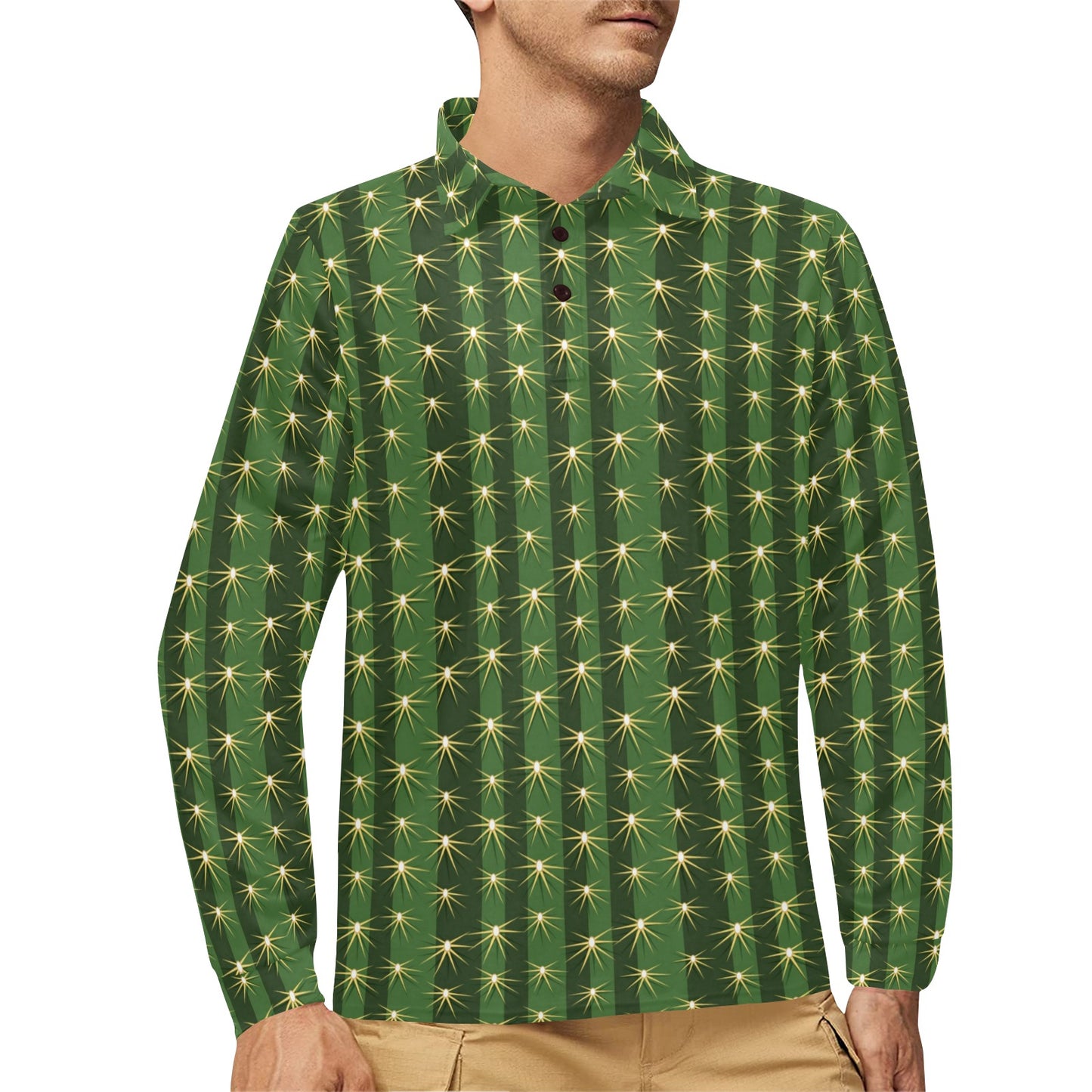 Cactus Skin Print Pattern Long Sleeve Polo Shirt For Men's