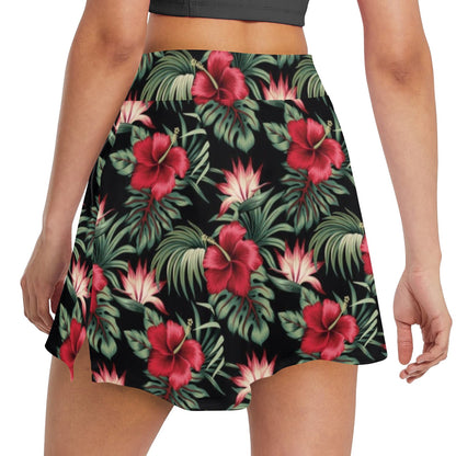 Flower Hawaiian Red Hibiscus Design Print 17" Golf & Pickleball Skort with Pockets