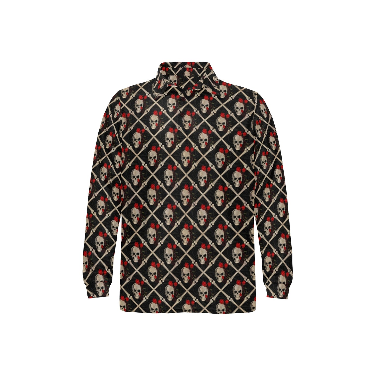Skull Roses Bone Design Themed Print Long Sleeve Polo Shirt For Men's