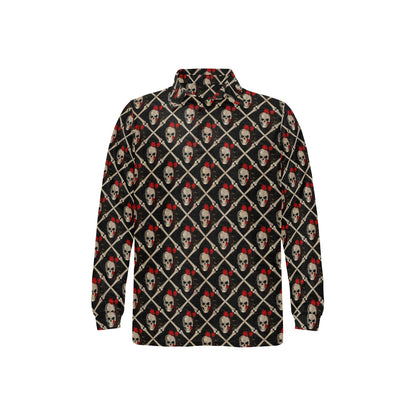 Skull Roses Bone Design Themed Print Long Sleeve Polo Shirt For Men's