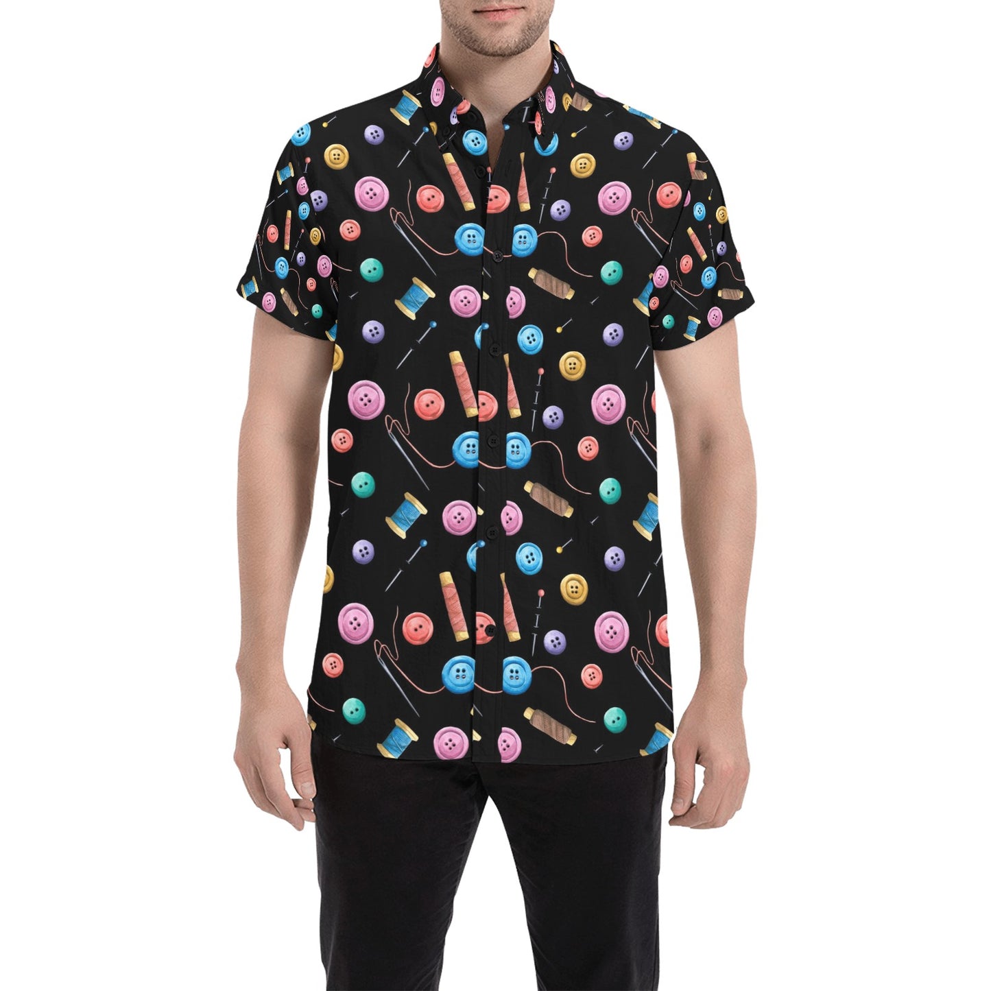 Sewing Print Design LKS309 Men Short Sleeve Button Up Shirt