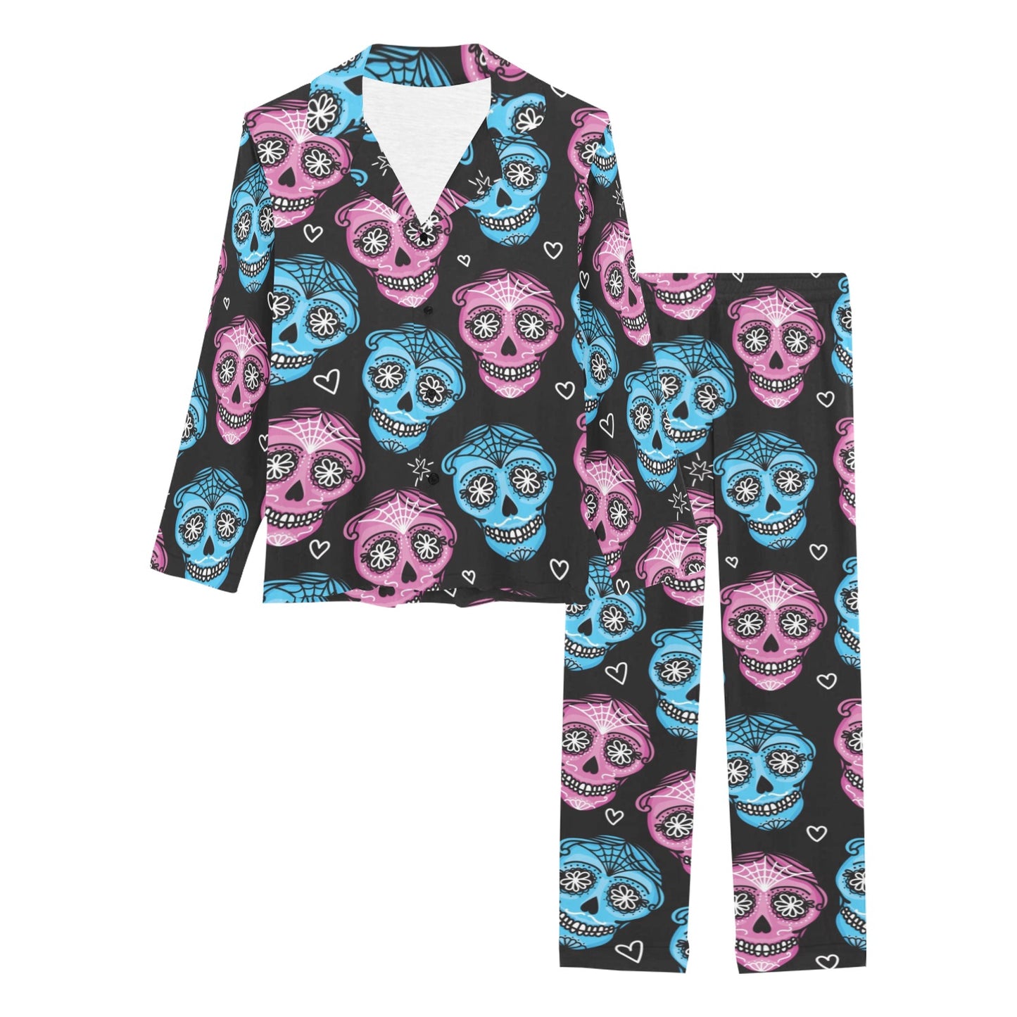 Day of the Dead Skull Print Pattern Women's Long Pajama Set