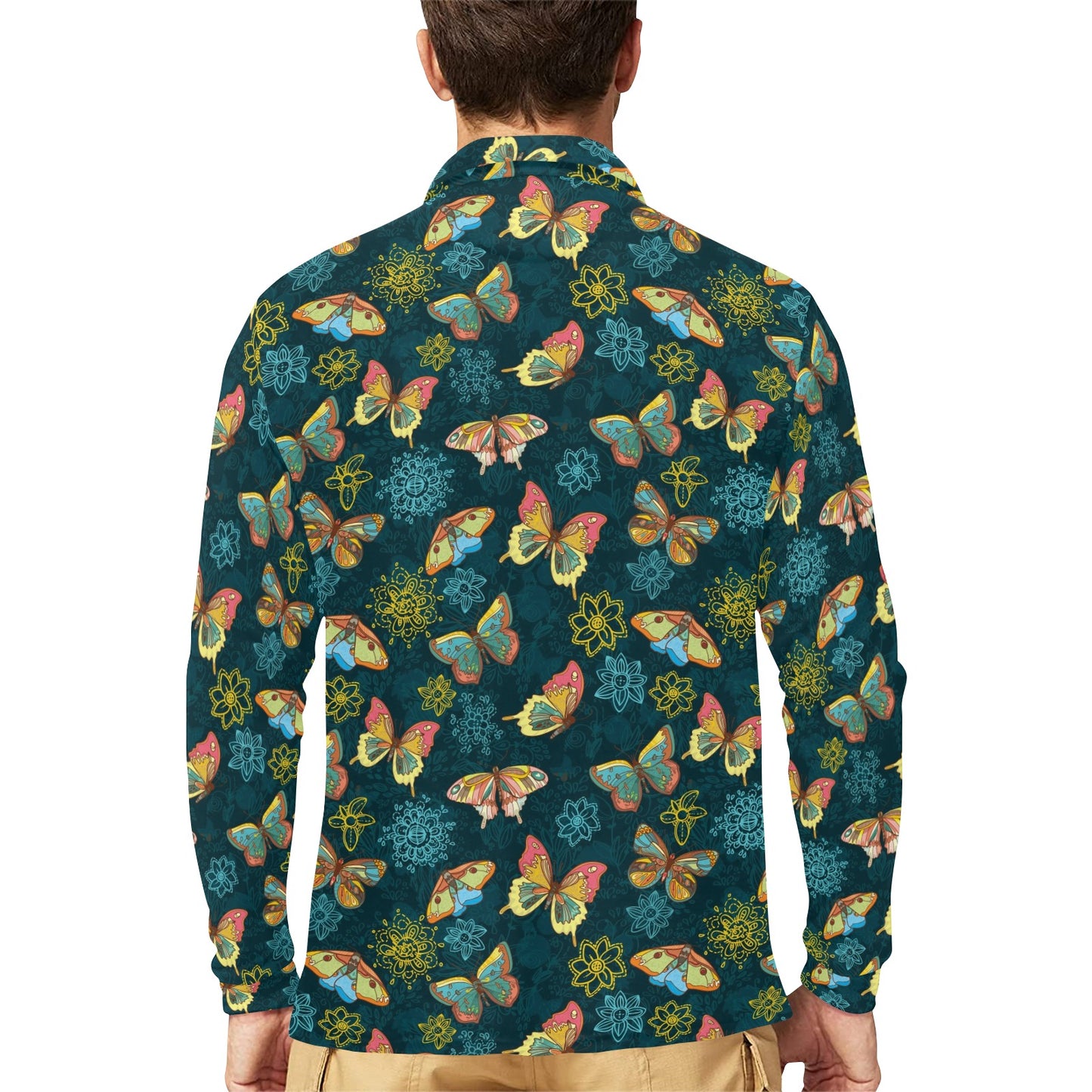 Butterfly Hand Draw Print Pattern Long Sleeve Polo Shirt For Men's