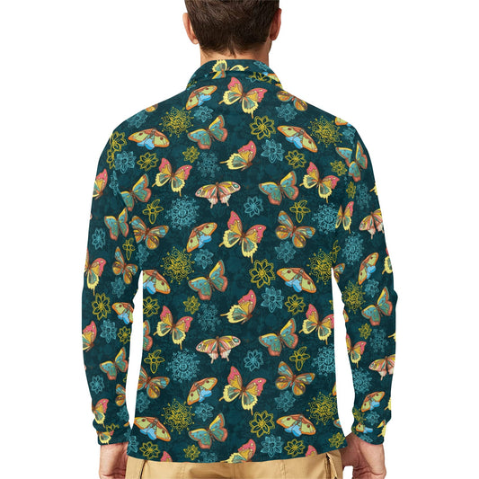 Butterfly Hand Draw Print Pattern Long Sleeve Polo Shirt For Men's