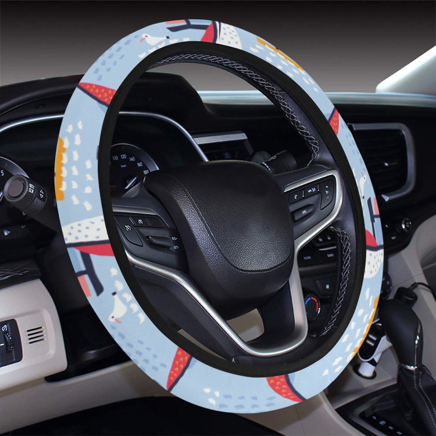 Sailboat Print Design LKS304 Steering Wheel Cover with Elastic Edge