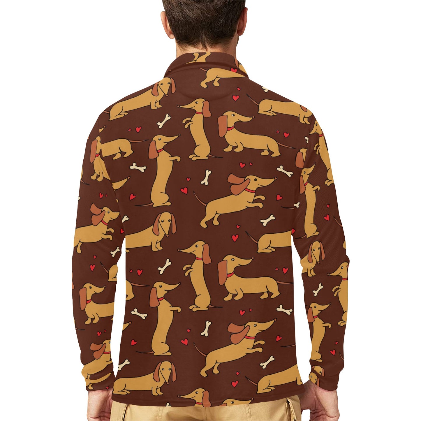 Dachshund Happy Print Pattern Long Sleeve Polo Shirt For Men's