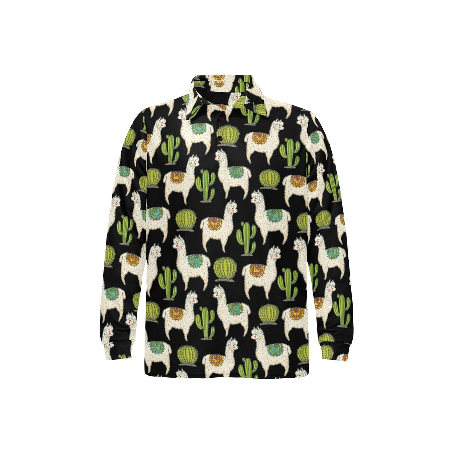 Alpaca Cactus Pattern Print Design 07 Long Sleeve Polo Shirt For Men's