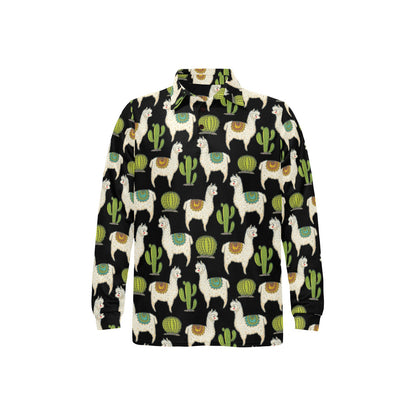 Alpaca Cactus Pattern Print Design 07 Long Sleeve Polo Shirt For Men's