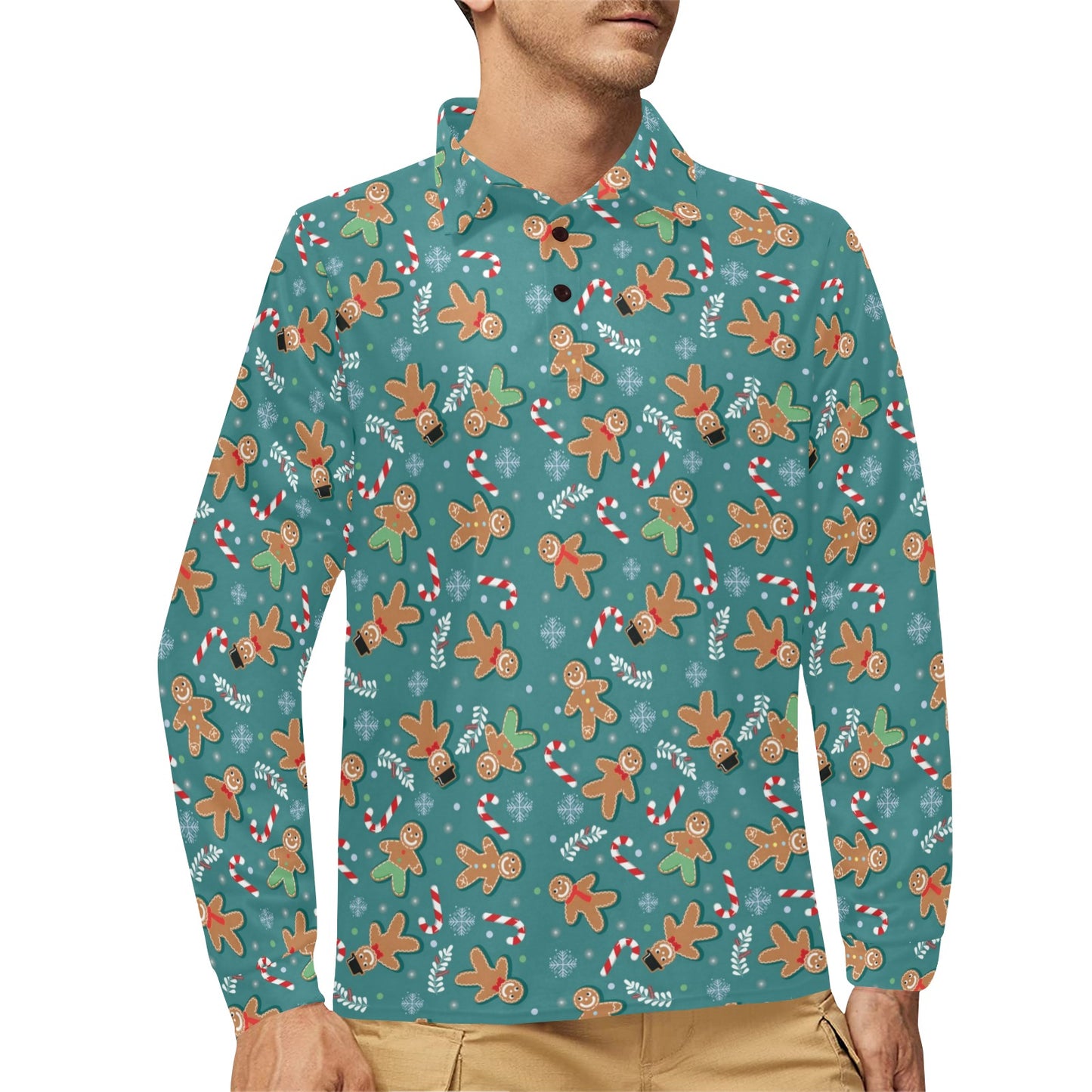 Gingerbread Pattern Print Design 05 Long Sleeve Polo Shirt For Men's