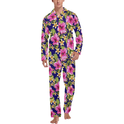 Pink Hibiscus Pattern Print Design HB027 Men's Long Pajama Set