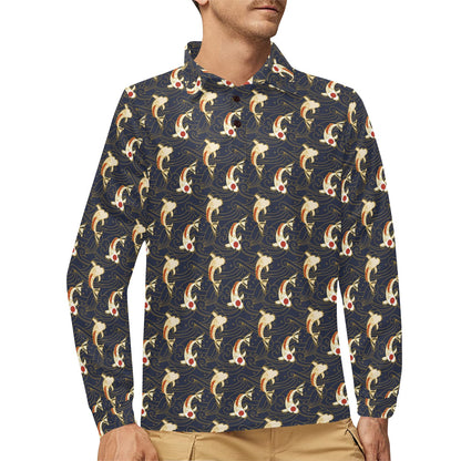 Koi Carp Japanese Design Themed Print Long Sleeve Polo Shirt For Men's