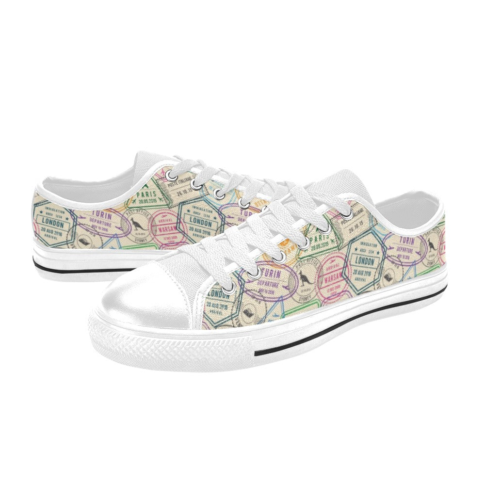Travel Stamp Print Design LKS303 Women's White Low Top Shoes