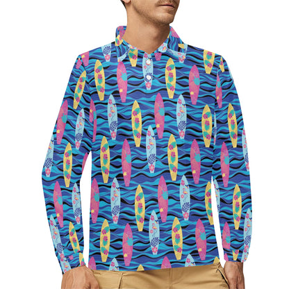 Surfboard Print Design LKS304 Long Sleeve Polo Shirt For Men's