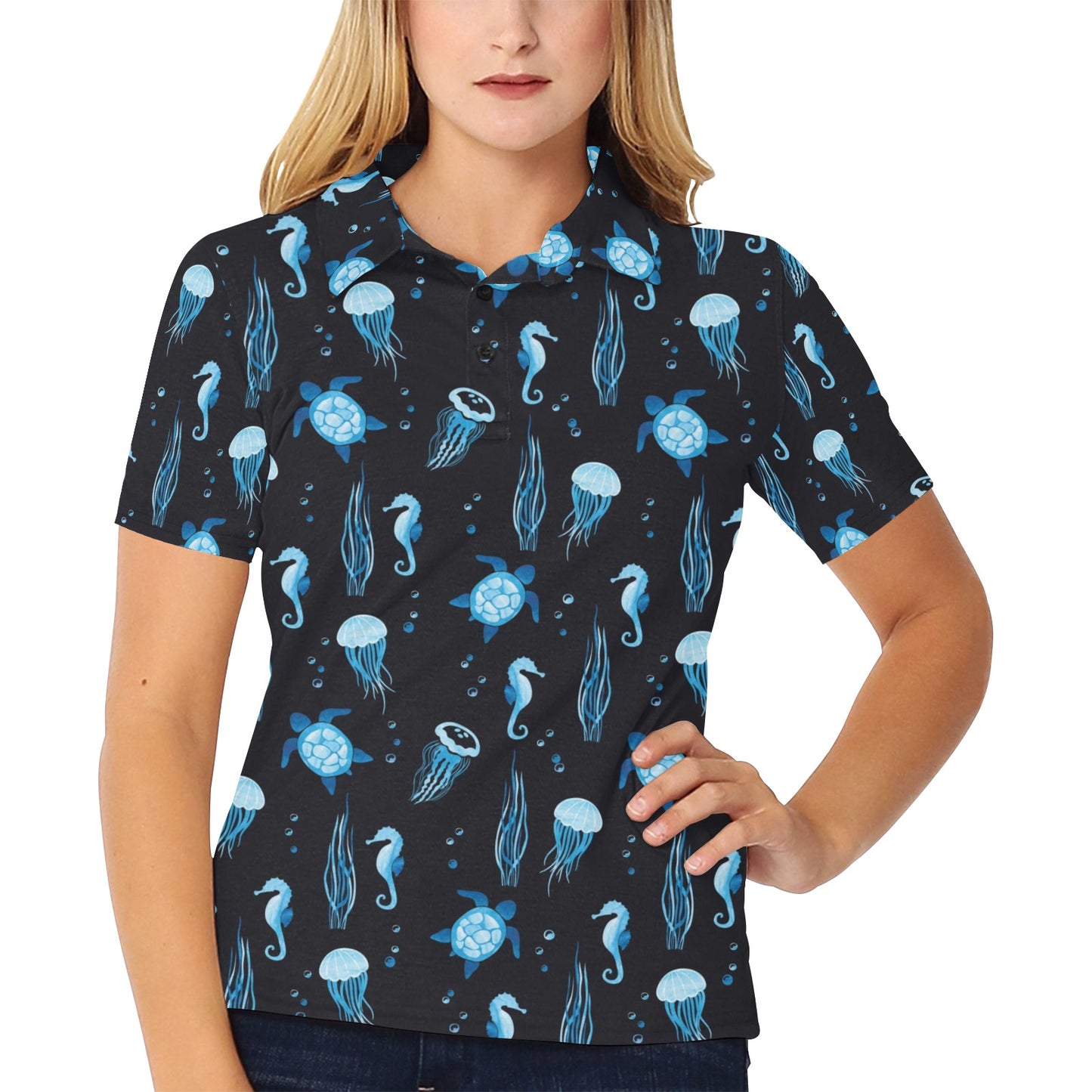Sea Turtle Jelly Fish Sea Horse Print Design LKS3014 Women's Polo Shirt