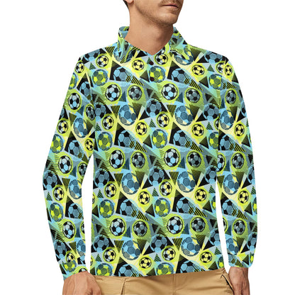 Soccer Ball Themed Print Design Long Sleeve Polo Shirt For Men's