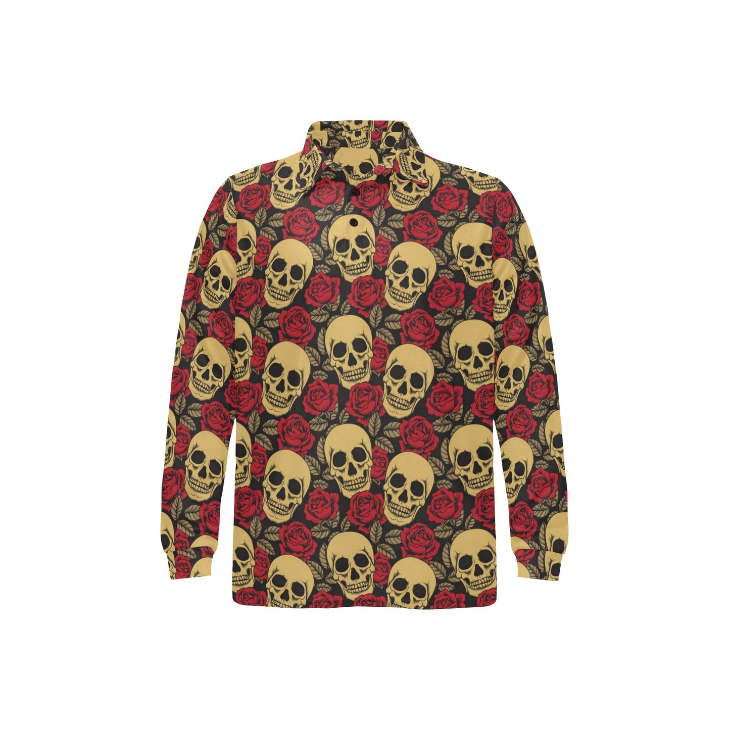 Skull And Roses Print Design LKS302 Long Sleeve Polo Shirt For Men's